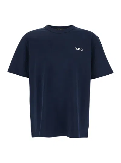 Apc A.p.c. Blue Crewneck T-shirt With Logo Embroidered On The Front In Cottonr Man