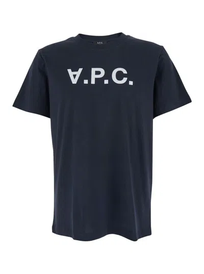Apc Blue Crewneck T-shirt With Logo On The Front In Cotton Man