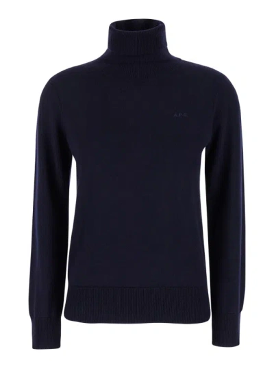 Apc Blue High Neck Sweater With Logo Embroidery In Wool Woman