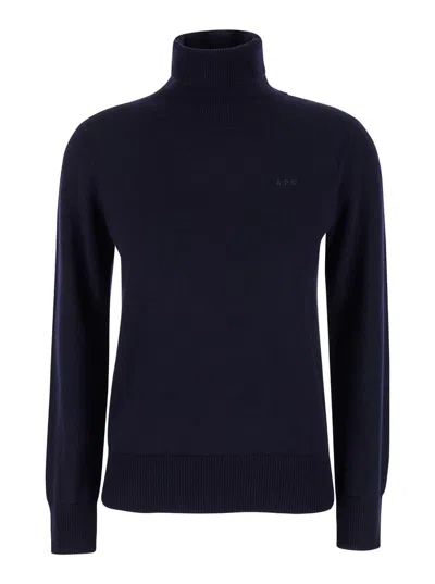 APC BLUE HIGH NECK SWEATER WITH LOGO EMBROIDERY IN WOOL WOMAN