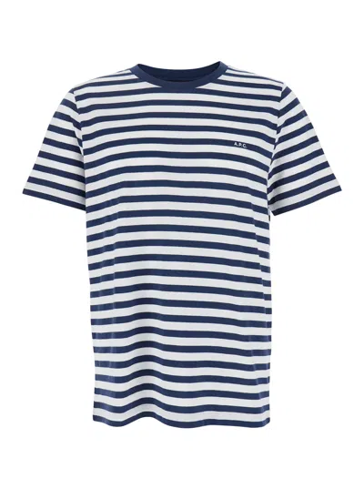 APC BLUE T-SHIRT WITH STRIPED MOTIF AND LOGO EMBROIDERED ON THE FRONT IN COTTON MAN
