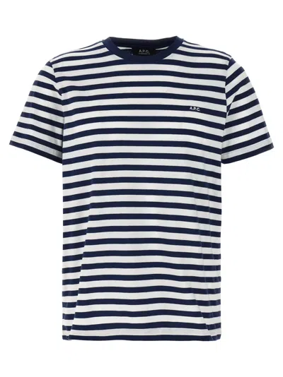 Apc A.p.c. Men Blue T-shirt With Striped Motif And Logo Embroidered On The Front In Cotton Man In White