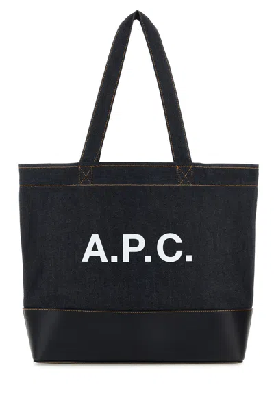 APC A.P.C. BLUE DENIM AND LEATHER AXEL SHOPPING BAG