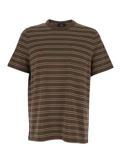 Apc Brown Crew Neck T-shirt With Striped Motif And Front Logo In Cotton Man In Blue