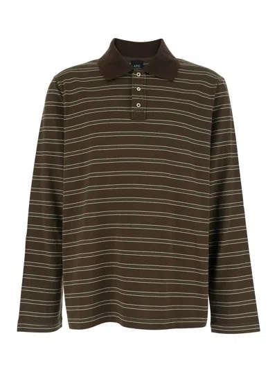 Apc Brown Long-sleeved Polo Shirt With Logo Embroidery On The Front And All-over Striped Motif In Cotton