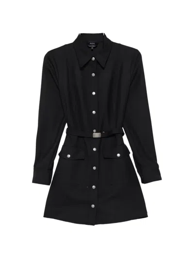 Apc Buttoned Belted Mini Shirt Dress In Black