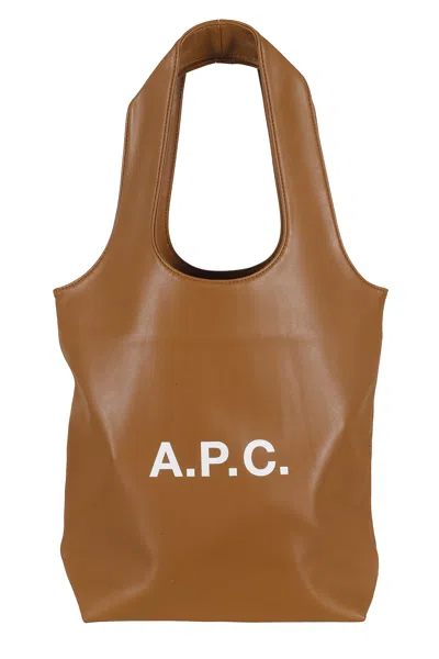 A.p.c. Camel Tote Ninon Small White Logo Polyurethane Tote Bag In Brown