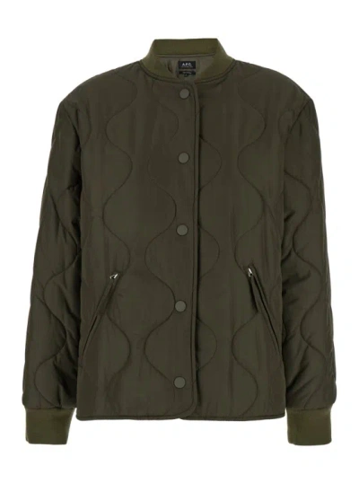 APC CAMILA' JACKET WITH PRESS BUTTONS IN MILITARY GREEN QUILTED FABRIC