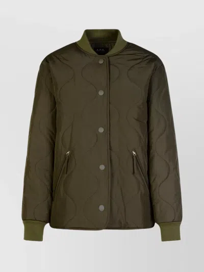 Apc A.p.c. Camila' Jacket With Press Buttons In Military Green Quilted Fabric