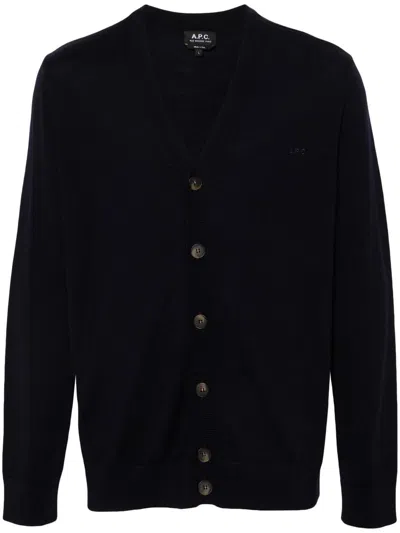 Apc Logo-embroidered Wool Cardigan In Blue