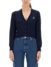 Apc Cropped Black Cardigan With Embroidered Logo In Blue