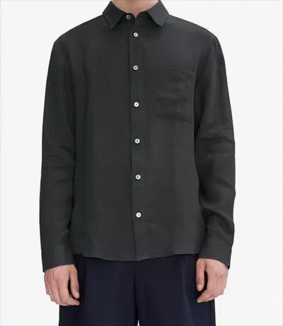 Apc Long-sleeve Black Linen Shirt With Classic Collar