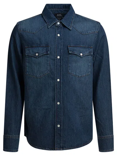 A.p.c. Long Sleeve Denim Shirt With Chest Pockets In Blue