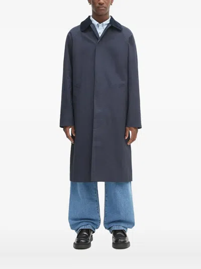 Apc Corduroy-collar Long Coat In Blue