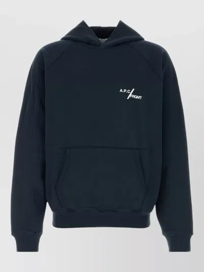 A.p.c. Cotton Hooded Frgmt Logo Sweatshirt In Blue
