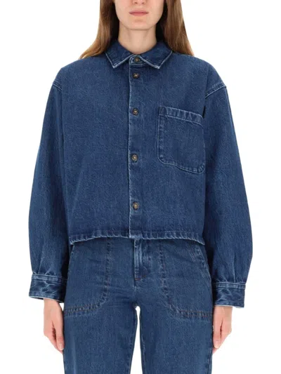 A.p.c. Cropped Denim Shirt With Classic Collar In Blue