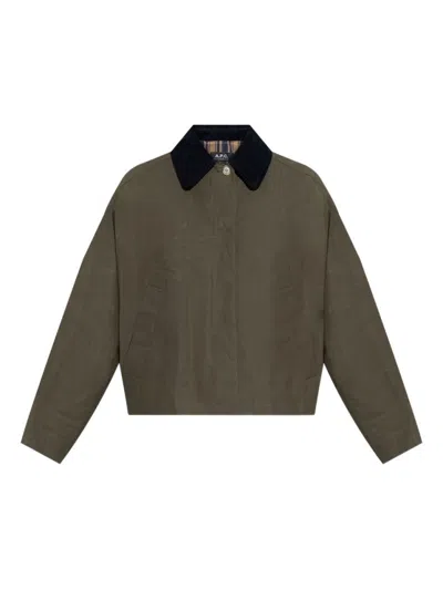 APC CROPPED OLIVE GREEN COAT WITH CORDUROY COLLAR