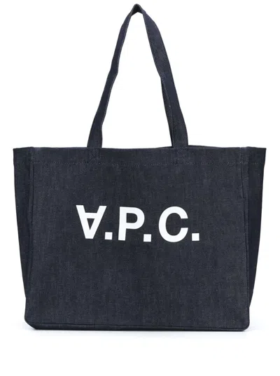 Apc Daniela Blue Shopper Bag With Logo In Cotton Denim Wioman