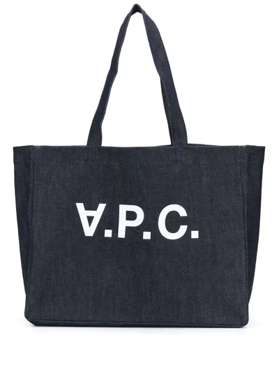Apc Md Logo Printed Cotton Denim Tote Bag In Blue