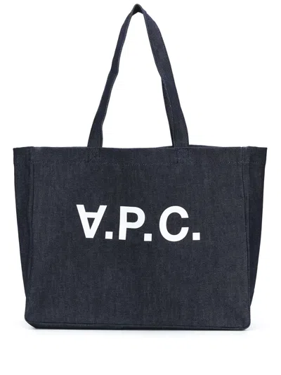 APC A.P.C. WOMEN 'DANIELA' BLUE TOTE BAG WITH LOGO LETTERING PRINT ON THE FRONT IN DENIM WOMAN
