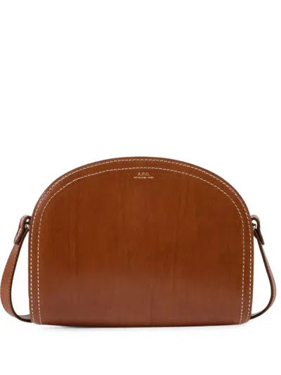 A.p.c. Demi-lune Topstitched Leather Shoulder Bag In Brown