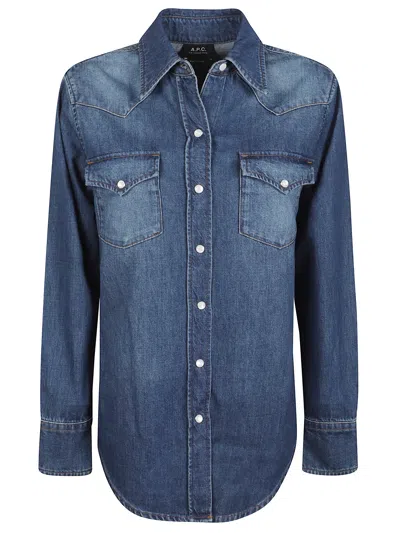 A.p.c. Denim Pearl Snap Button Shirt In Blue