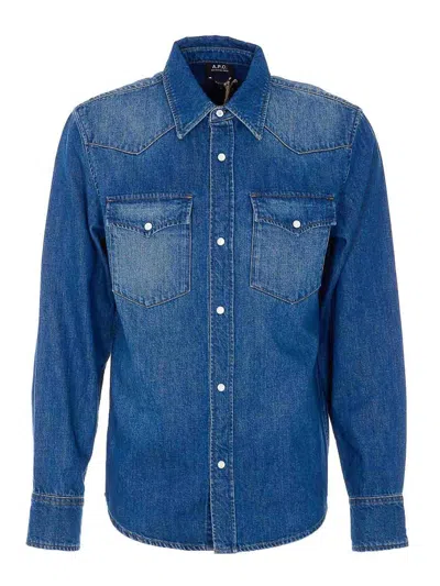 A.p.c. Long Sleeve Denim Shirt With Chest Pockets In Blue