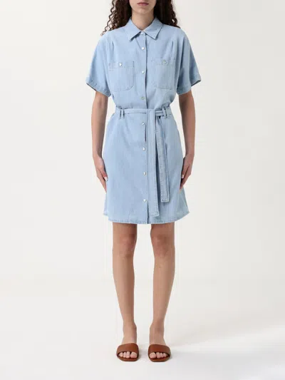Apc A.p.c. 'suzanne' Light Blue Dress With Patch Pockets On The Chest And Waist Belt In Cotton Woman In Multicolor