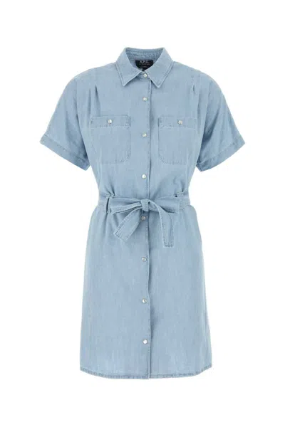 Apc A.p.c. 'suzanne' Light Blue Dress With Patch Pockets On The Chest And Waist Belt In Cotton Woman In Multicolor