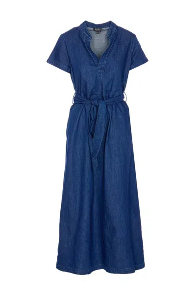 Apc Waist Belted V-neck Dress Pockets In Blue
