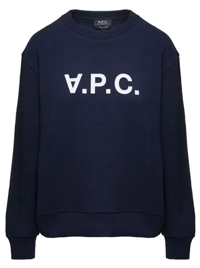 Apc 'elisa' Blue Crewneck Sweatshirt With Contrasting Logo Print In Cotton Woman