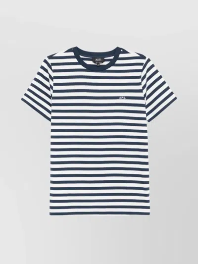 Apc A.p.c. Men Blue T-shirt With Striped Motif And Logo Embroidered On The Front In Cotton Man In White