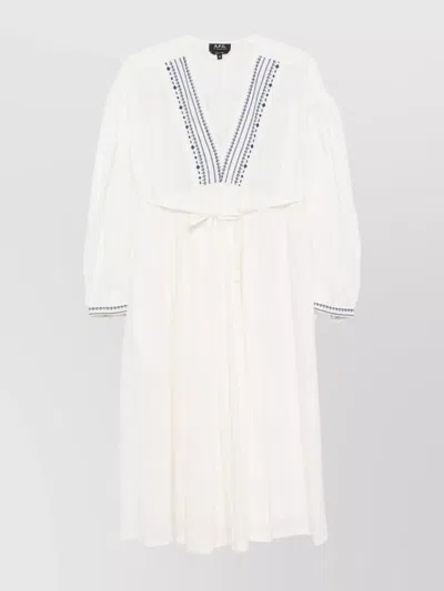 Apc Embroidered V-neck Cotton Midi Dress In White