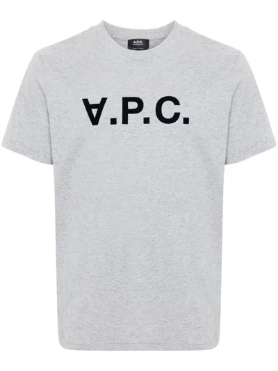 Apc Flocked-logo Cotton T-shirt In Gray