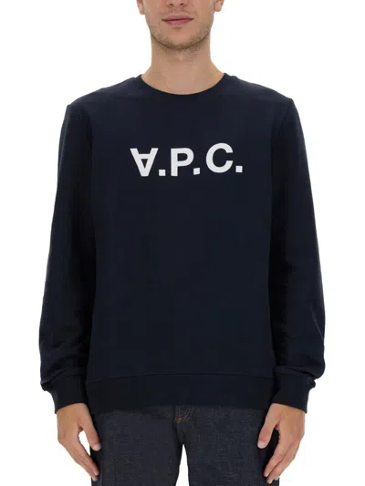 Apc Flocked Logo Print Crewneck Sweatshirt In Blue