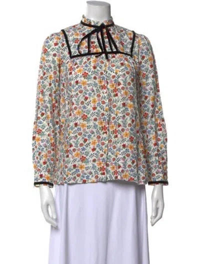 Pre-owned A.p.c. Floral Print Tie Neck Blouse In White