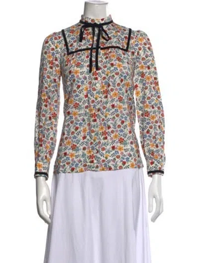 Pre-owned A.p.c. Floral Print Tie Neck Blouse In White