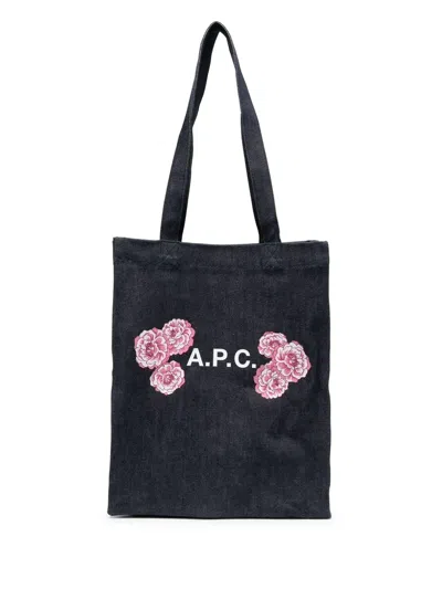 Apc Flower-print Denim Tote Bag In Blu