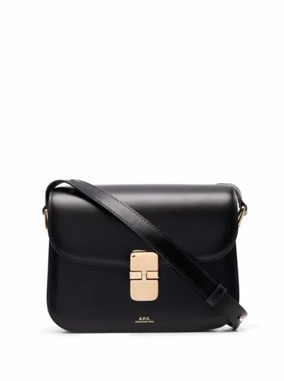 Apc A.p.c. Compact Black Calf Leather Shoulder Bag With Adjustable Strap