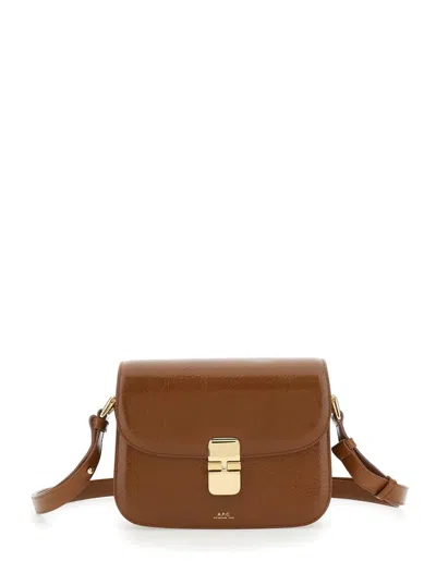 APC 'GRANCE' BROWN SMALL CROSSBODY BAG WIRH EMBOSSED LOGO LETTERING ON THE FRONT AND ADJUSTABLE SHOULDER
