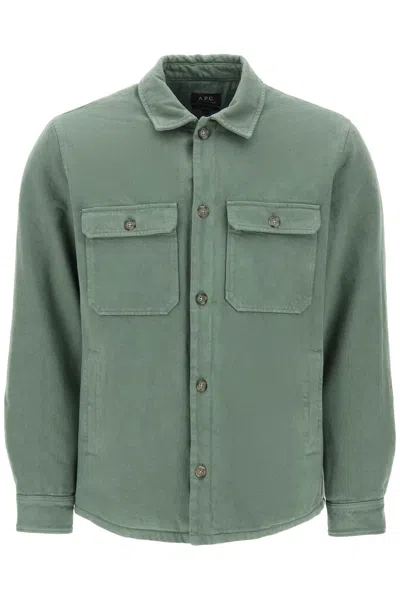 APC GREEN PADDED OVERSHIRT FOR MEN | CLASSIC COLLAR, FRENCH BUTTON PLACKET, CHEST & SIDE POCKETS | REGUL