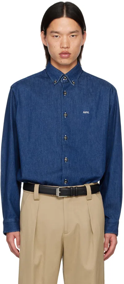 Apc Mathias Button-down Collar Logo-embroidered Denim Shirt In Blue