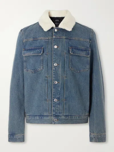 A.p.c. Justin Pleated Wool-trimmed Denim Jacket In Blue