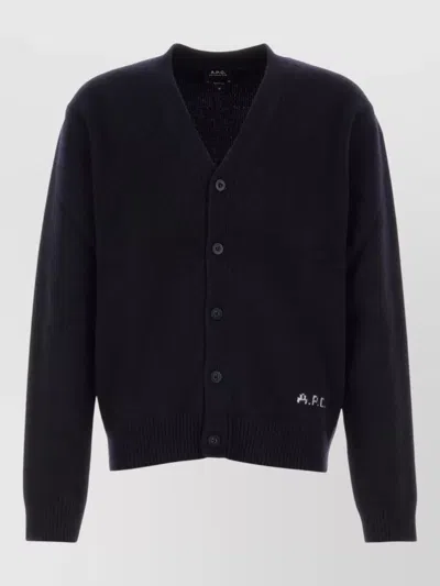A.p.c. Kevin Wool Cardigan Ribbed Cuffs Hem In Black