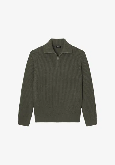 A.p.c. Khaki Quarter-zip Sweater Xs Khaki Green In Gray