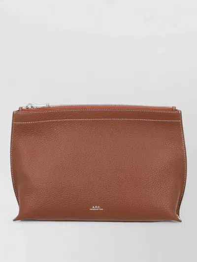 A.p.c. A. P.c. Pebbled Leather Zip Clutch In Brown