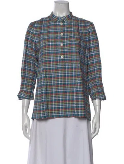 Pre-owned A.p.c. Linen Plaid Print Top In Blue