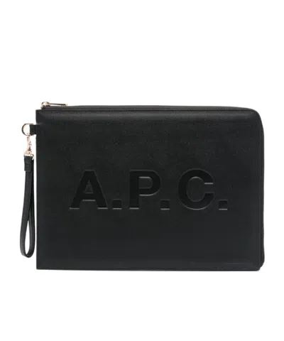 Apc Logo-debossed Leather Clutch Bag In Black