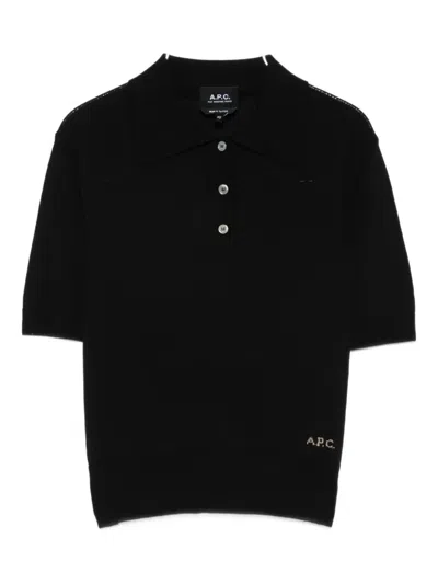 Apc Cotton Polo Shirt Jacquard Logo Ribbed Hem In Black