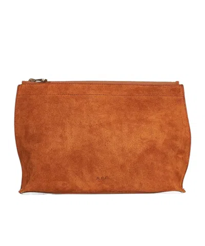 A.p.c. Logo Embossed Zipped Clutch Bag In Brown